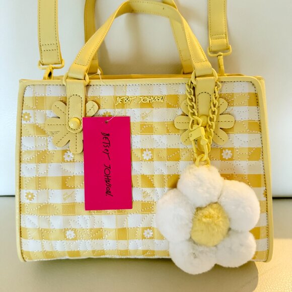 Betsey Johnson Daisy Floral XO Alfie Satchel / Crossbody bag w fluffy charm - Picture 2 of 7